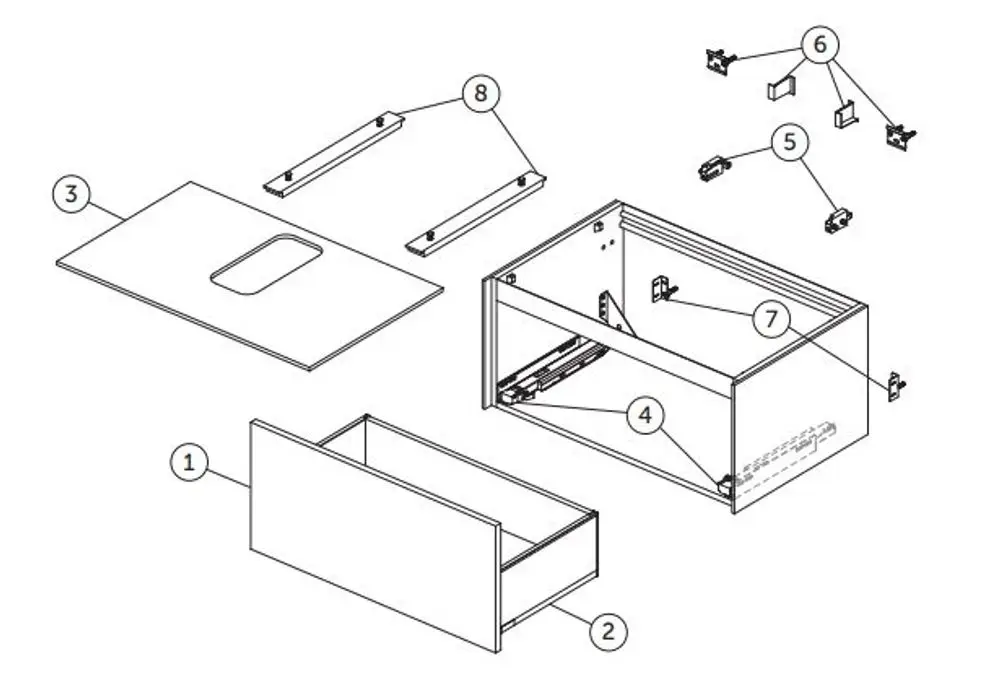 Montageanleitung für einen weißen Waschtischunterschrank von Ideal Standard, bestehend aus verschiedenen Bauteilen wie Schublade, Oberplatte und Montagebeschlägen.